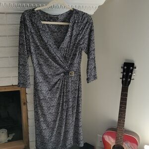 Tahari ASL Black and White Faux Wrap Polka Dot 3/4 Sleeve Classic Dress Sz 4